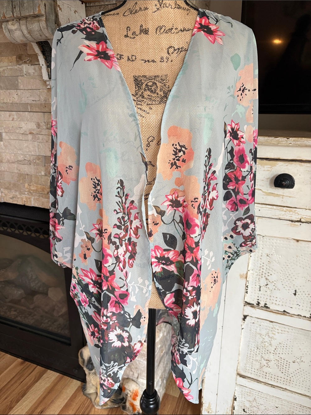 Light blue open front floral sheer kimono with pink accents boho festival